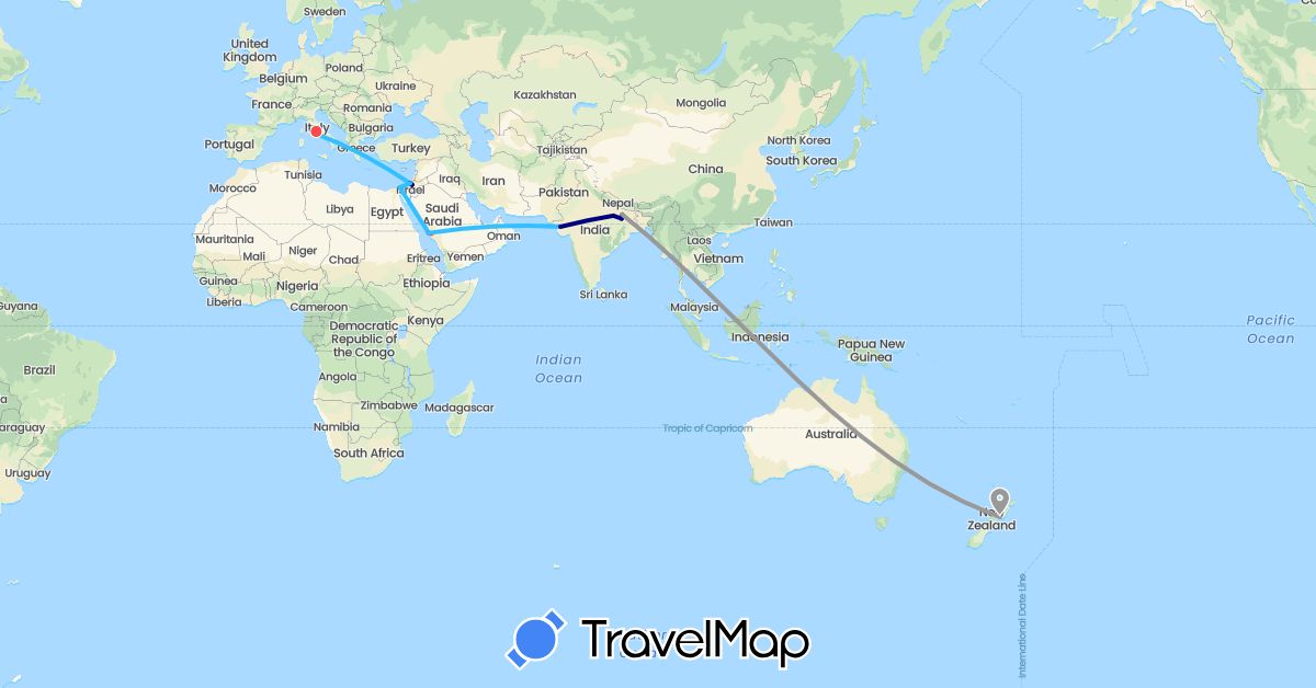 TravelMap itinerary: driving, bus, plane, hiking, boat in Egypt, Israel, India, Italy, New Zealand, Saudi Arabia, Vatican City (Africa, Asia, Europe, Oceania)